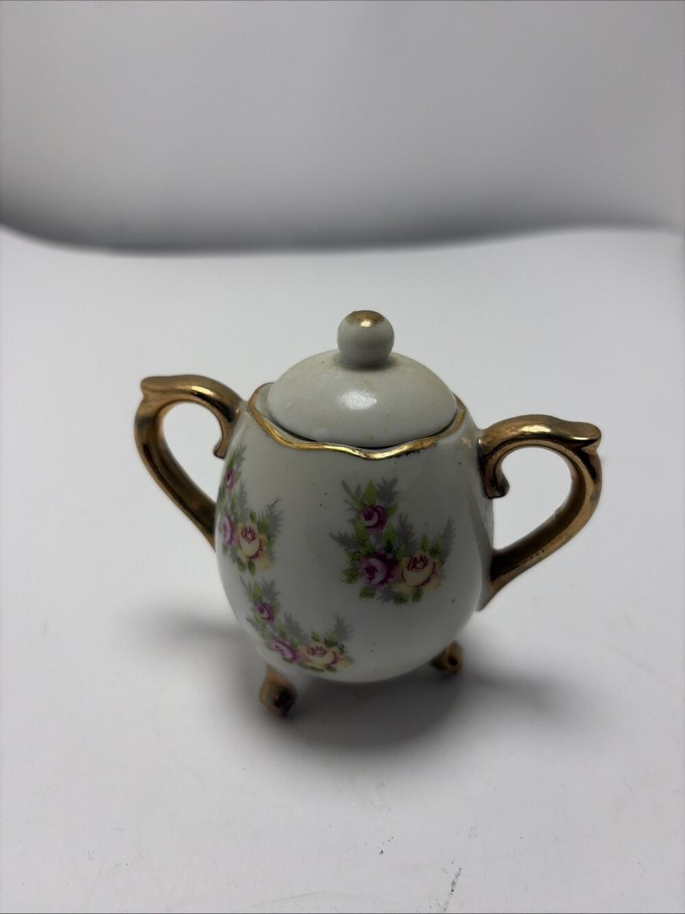 Enesco Vintage Miniature Pink Floral Ceramic Sugar Bowl with Lid and Gold Trim